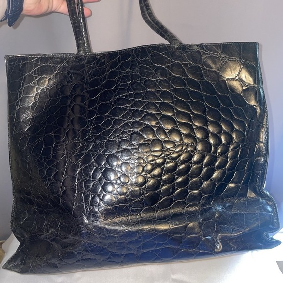 FURLA Vintage Black Tote Shoulder Bag Purse Crocodile Embossed Structured Square - Picture 2 of 13